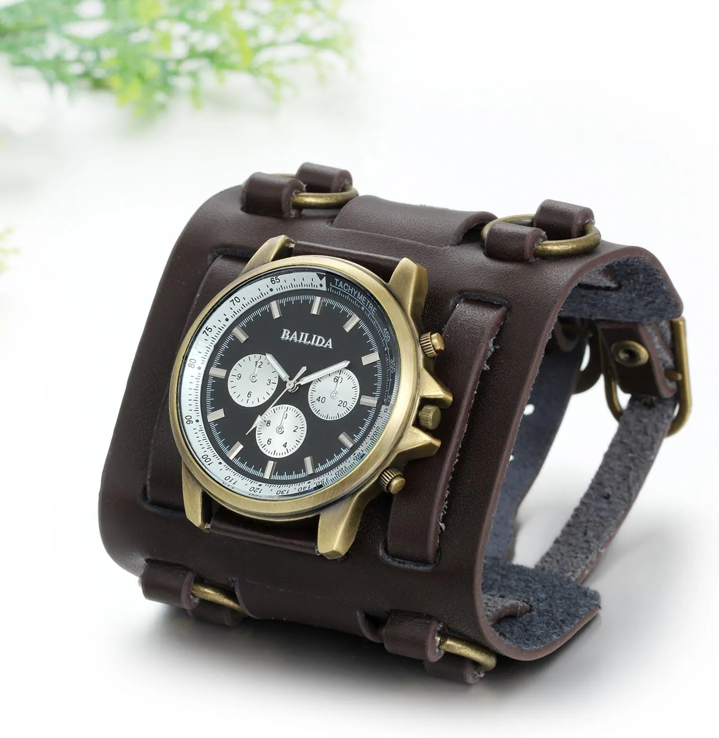 JewelryWe Black Brown Hip-hop Gothic Punk Style Men Watch Wide Leather Fashion Cuff Wristwatch