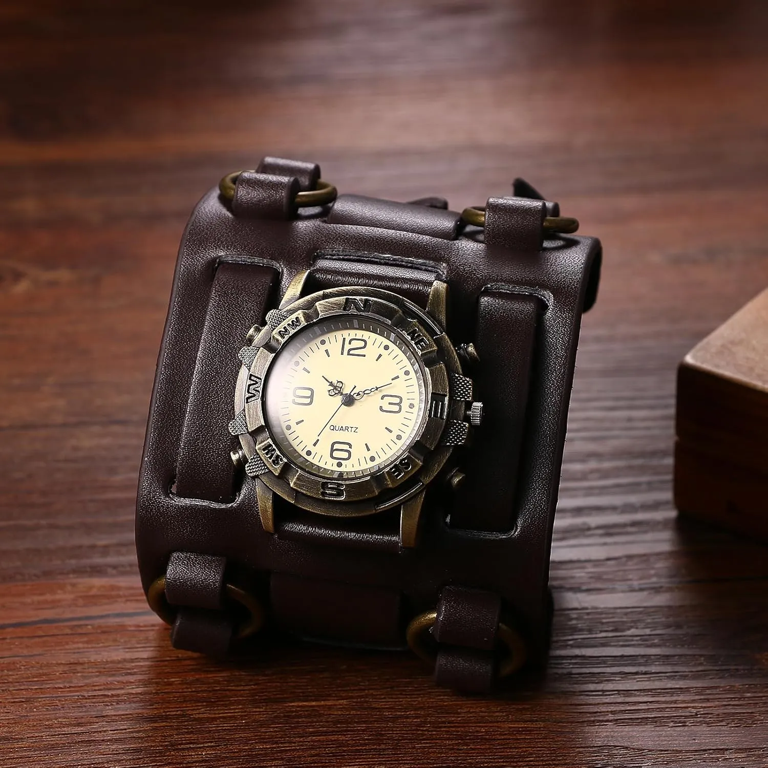 JewelryWe Black Brown Hip-hop Gothic Punk Style Men Watch Wide Leather Fashion Cuff Wristwatch