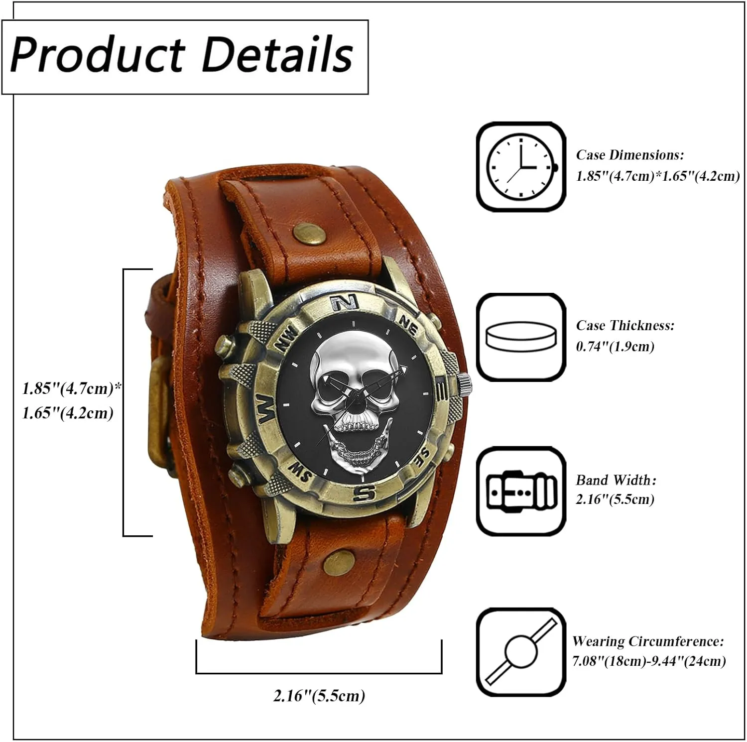 JewelryWe Black Brown Hip-hop Gothic Punk Style Men Watch Wide Leather Fashion Cuff Wristwatch