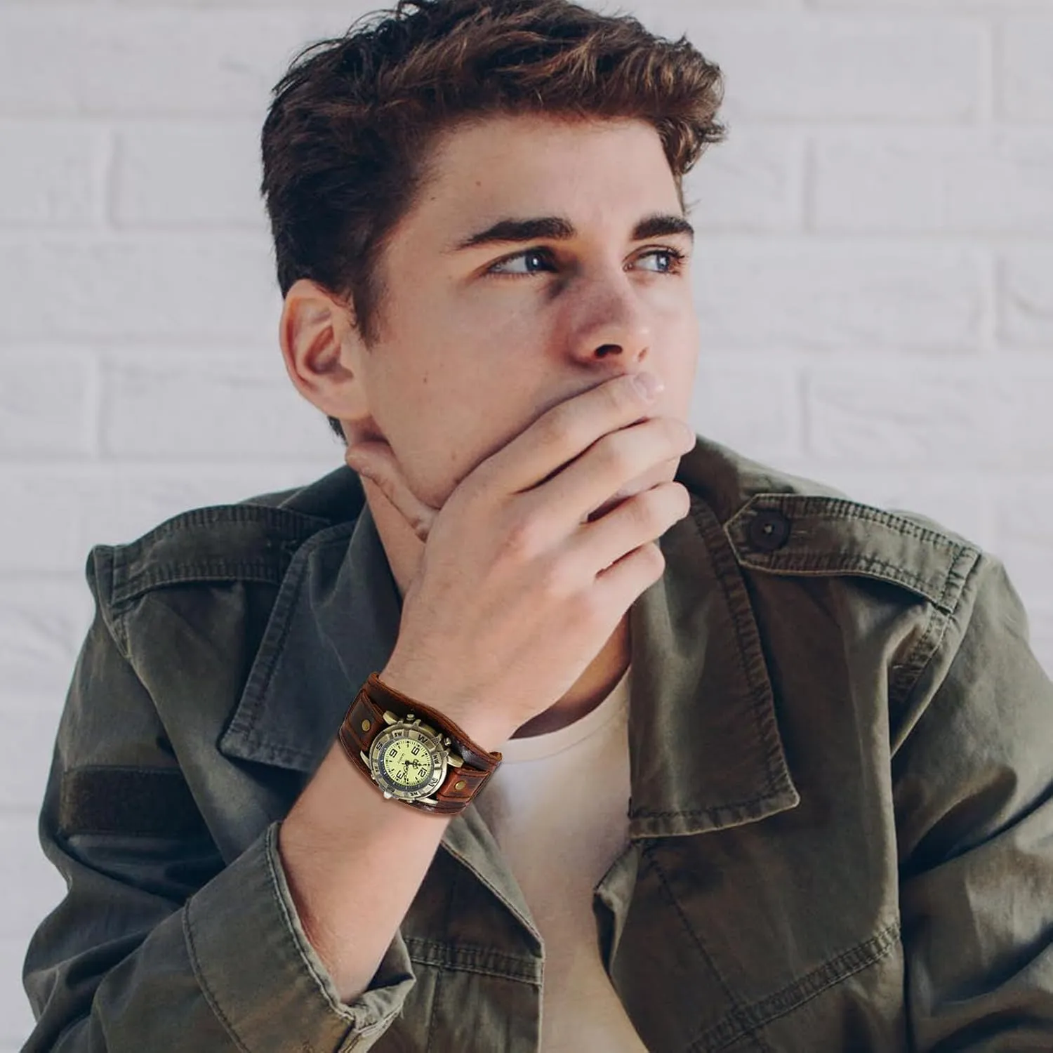 JewelryWe Black Brown Hip-hop Gothic Punk Style Men Watch Wide Leather Fashion Cuff Wristwatch