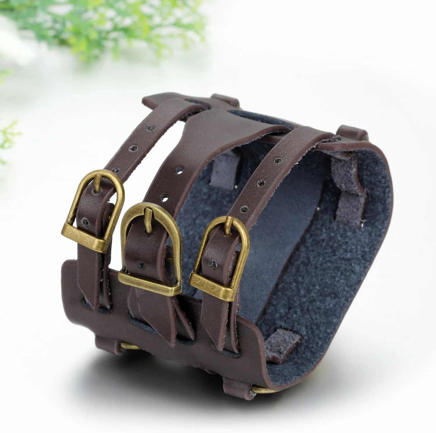 JewelryWe Black Brown Hip-hop Gothic Punk Style Men Watch Wide Leather Fashion Cuff Wristwatch