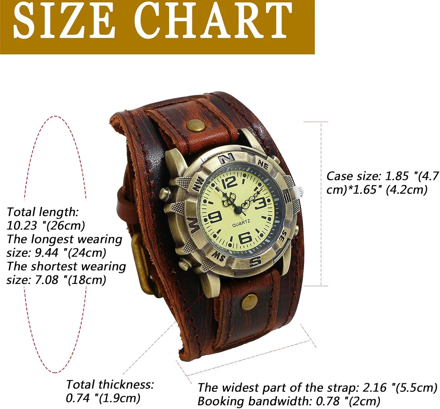 JewelryWe Black Brown Hip-hop Gothic Punk Style Men Watch Wide Leather Fashion Cuff Wristwatch