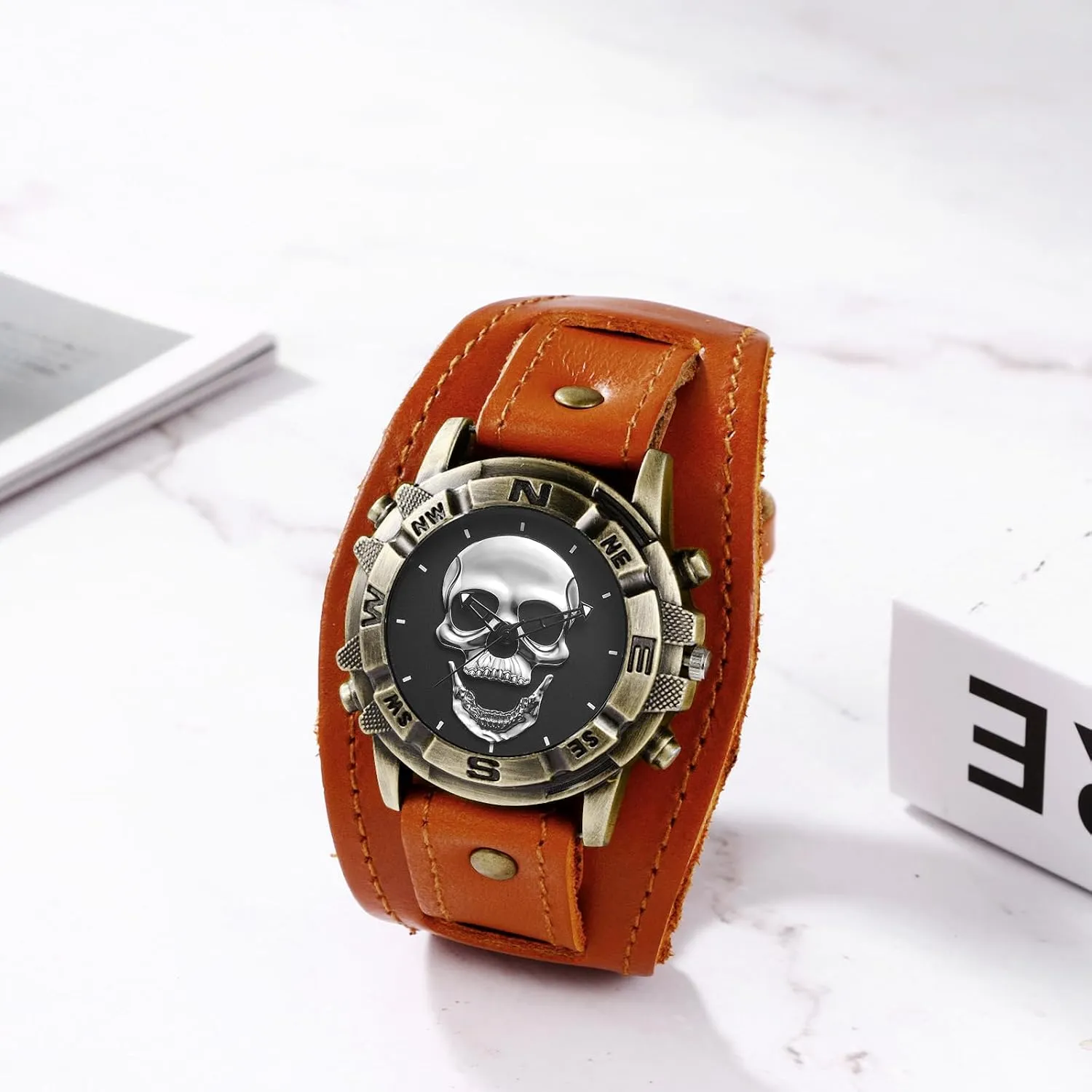JewelryWe Black Brown Hip-hop Gothic Punk Style Men Watch Wide Leather Fashion Cuff Wristwatch