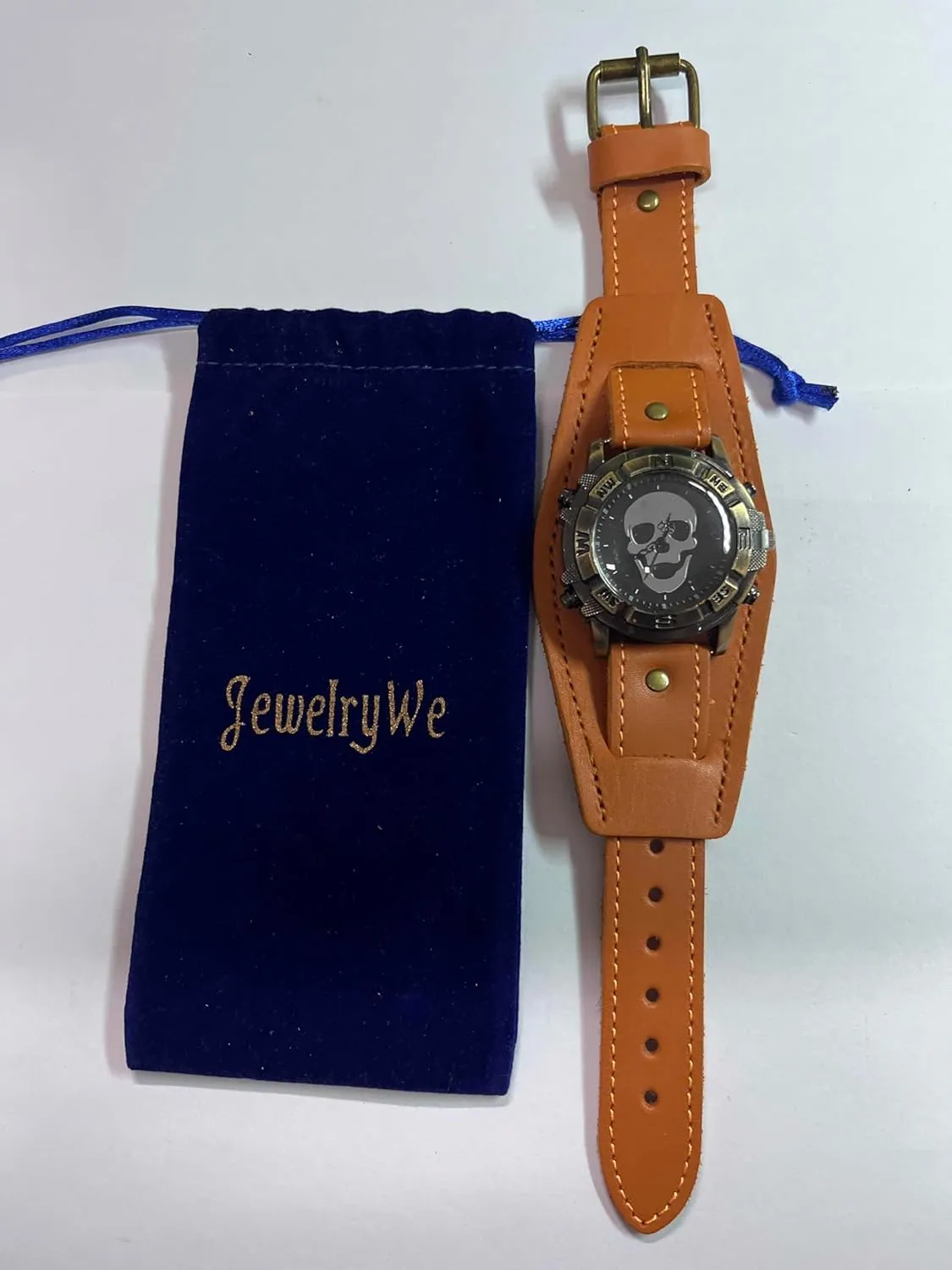 JewelryWe Black Brown Hip-hop Gothic Punk Style Men Watch Wide Leather Fashion Cuff Wristwatch