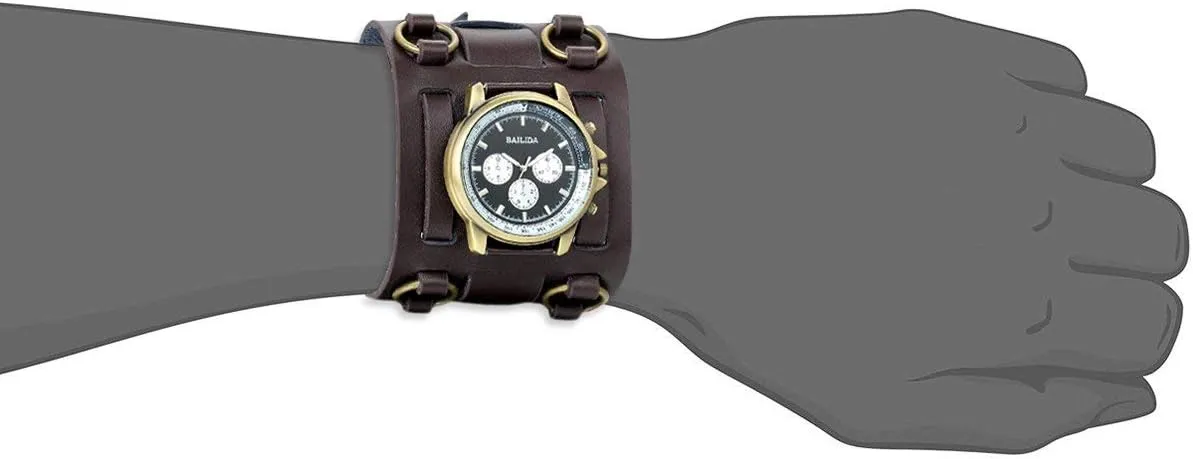 JewelryWe Black Brown Hip-hop Gothic Punk Style Men Watch Wide Leather Fashion Cuff Wristwatch