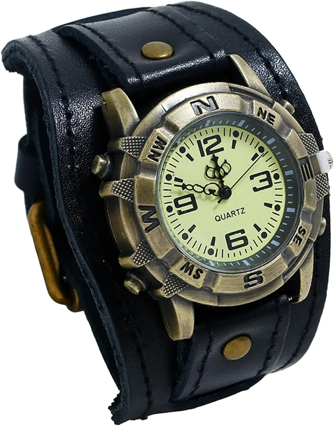 JewelryWe Black Brown Hip-hop Gothic Punk Style Men Watch Wide Leather Fashion Cuff Wristwatch