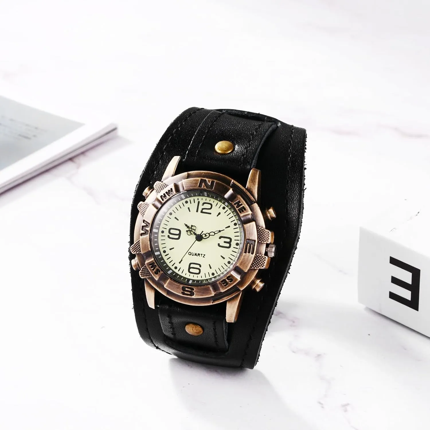 JewelryWe Black Brown Hip-hop Gothic Punk Style Men Watch Wide Leather Fashion Cuff Wristwatch