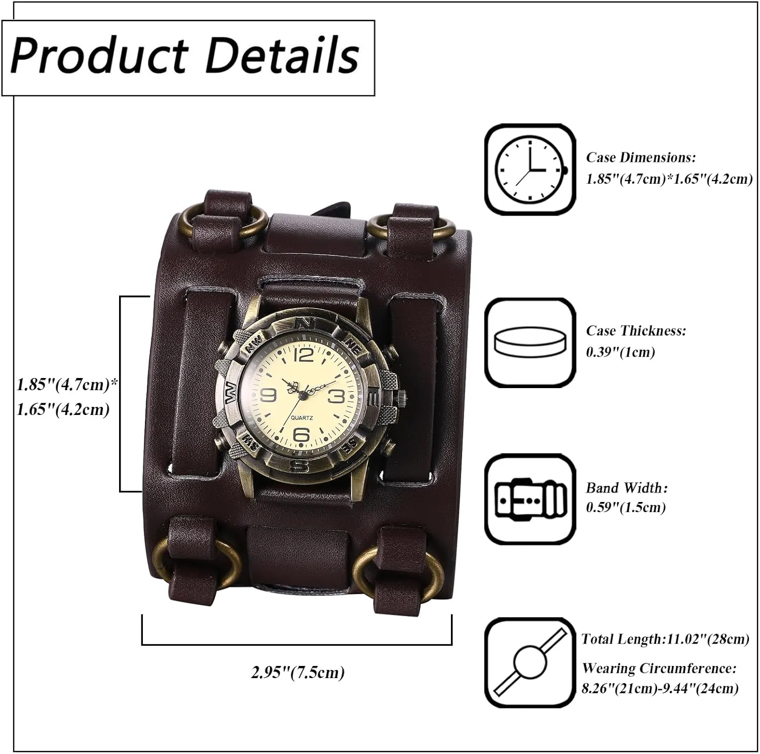 JewelryWe Black Brown Hip-hop Gothic Punk Style Men Watch Wide Leather Fashion Cuff Wristwatch