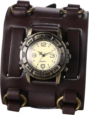 JewelryWe Black Brown Hip-hop Gothic Punk Style Men Watch Wide Leather Fashion Cuff Wristwatch