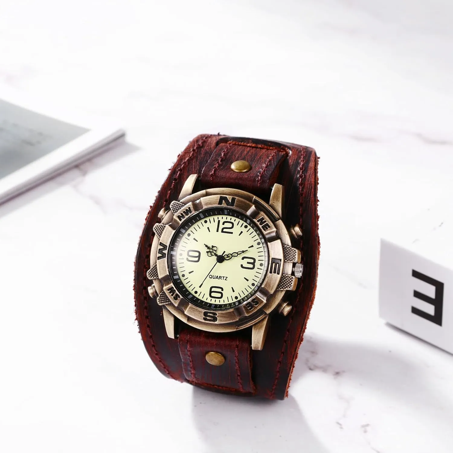 JewelryWe Black Brown Hip-hop Gothic Punk Style Men Watch Wide Leather Fashion Cuff Wristwatch