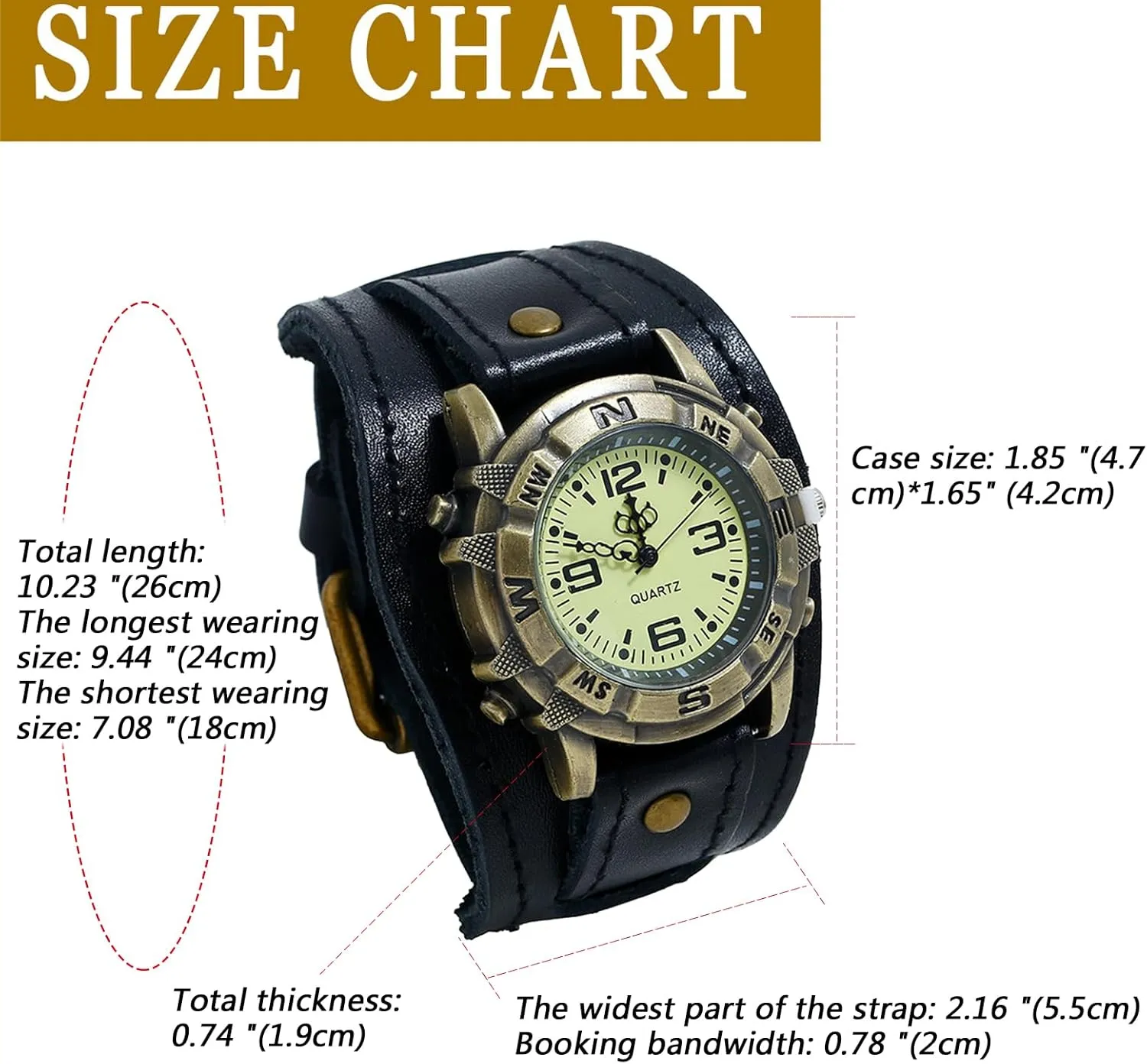 JewelryWe Black Brown Hip-hop Gothic Punk Style Men Watch Wide Leather Fashion Cuff Wristwatch