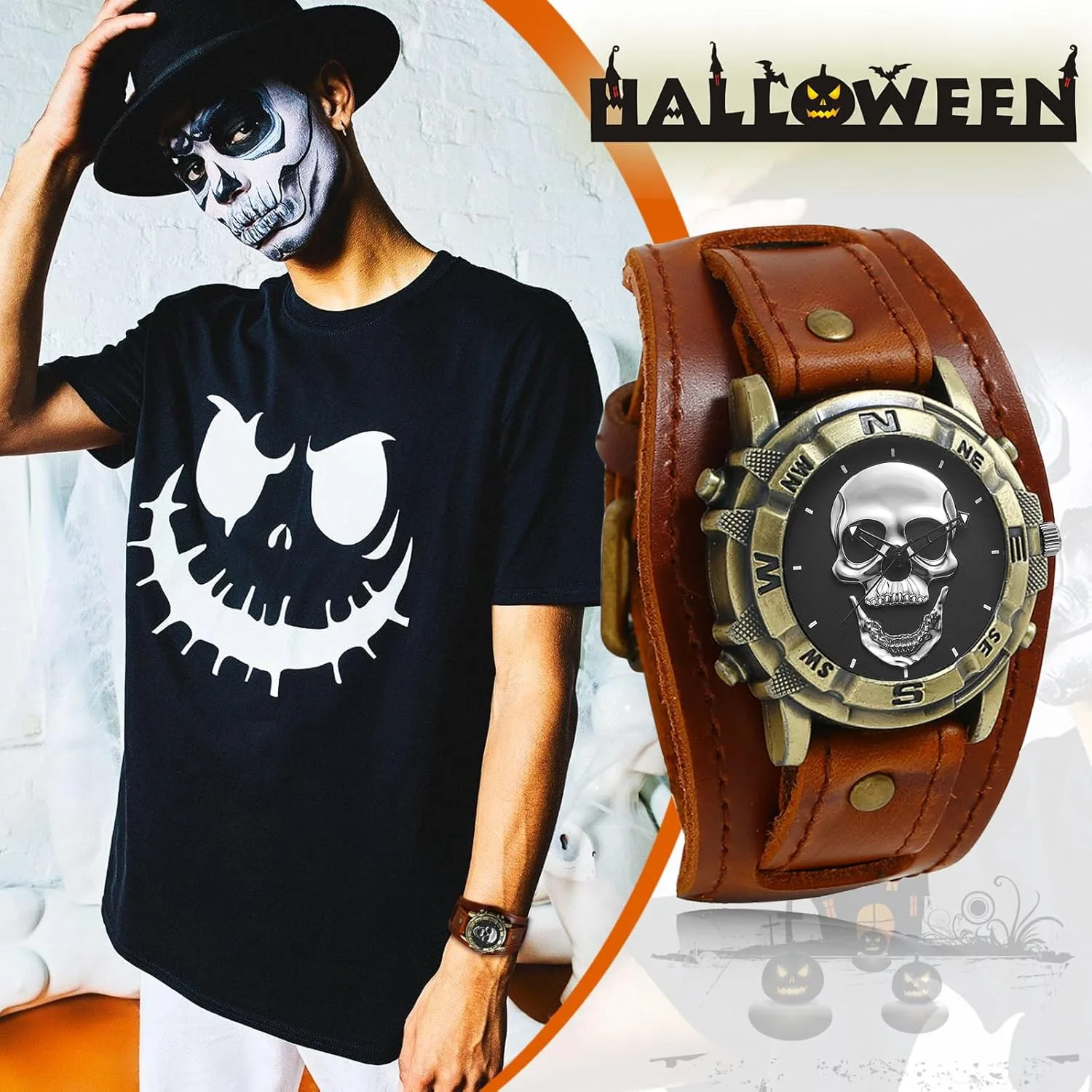 JewelryWe Black Brown Hip-hop Gothic Punk Style Men Watch Wide Leather Fashion Cuff Wristwatch