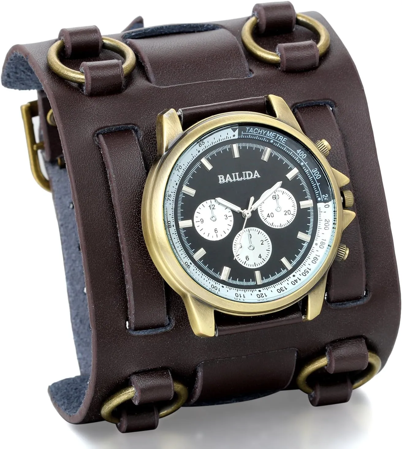 JewelryWe Black Brown Hip-hop Gothic Punk Style Men Watch Wide Leather Fashion Cuff Wristwatch