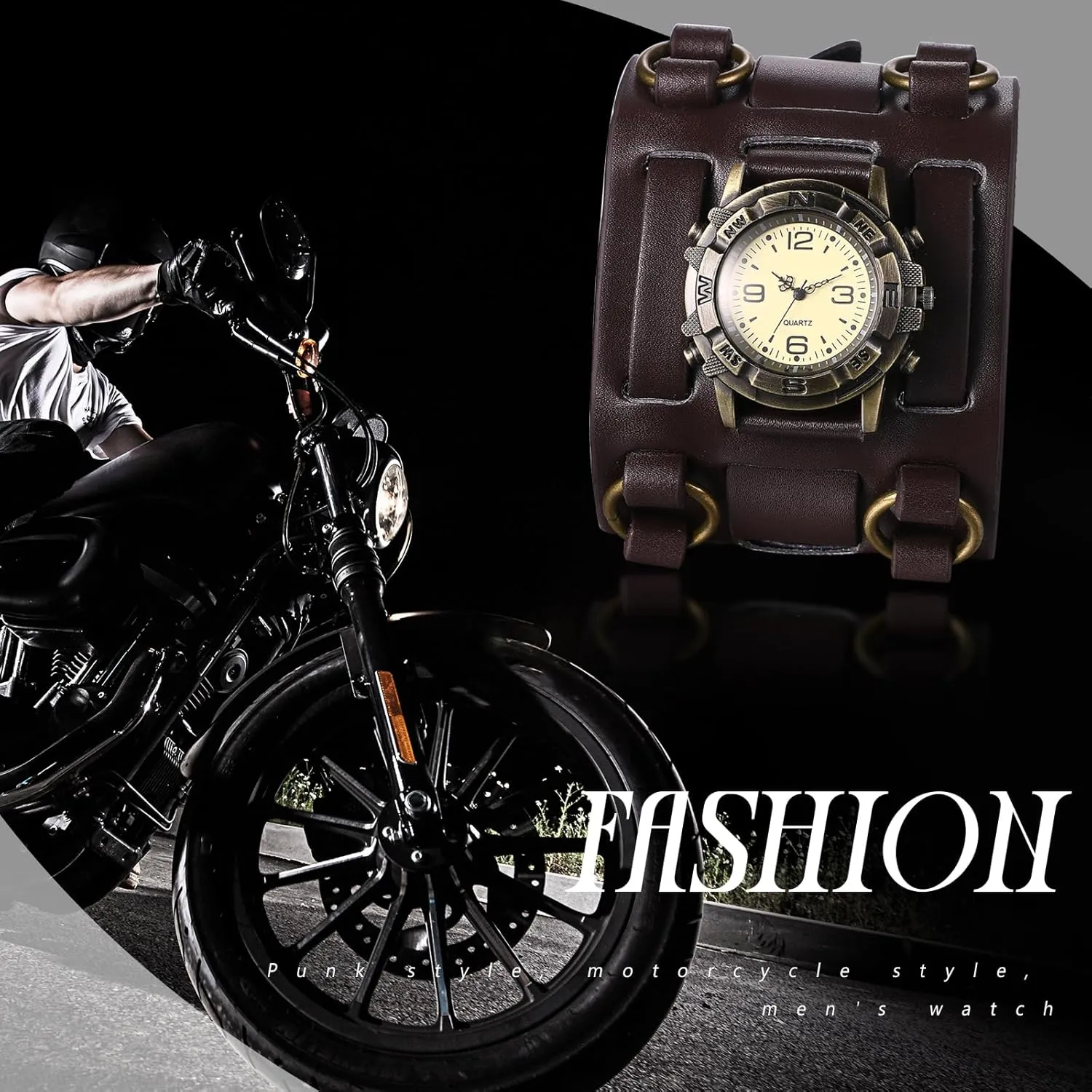 JewelryWe Black Brown Hip-hop Gothic Punk Style Men Watch Wide Leather Fashion Cuff Wristwatch