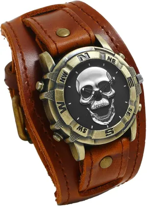 JewelryWe Black Brown Hip-hop Gothic Punk Style Men Watch Wide Leather Fashion Cuff Wristwatch