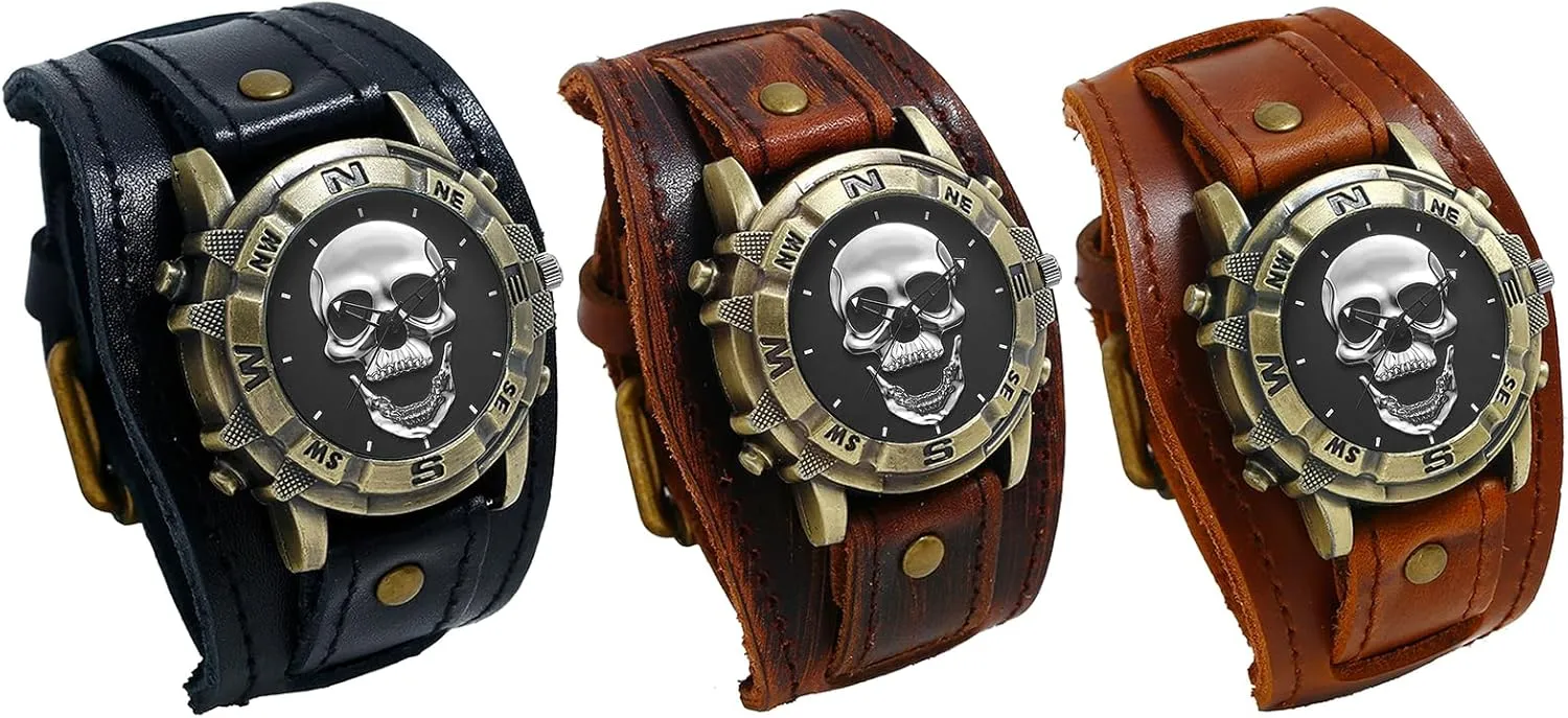 JewelryWe Black Brown Hip-hop Gothic Punk Style Men Watch Wide Leather Fashion Cuff Wristwatch