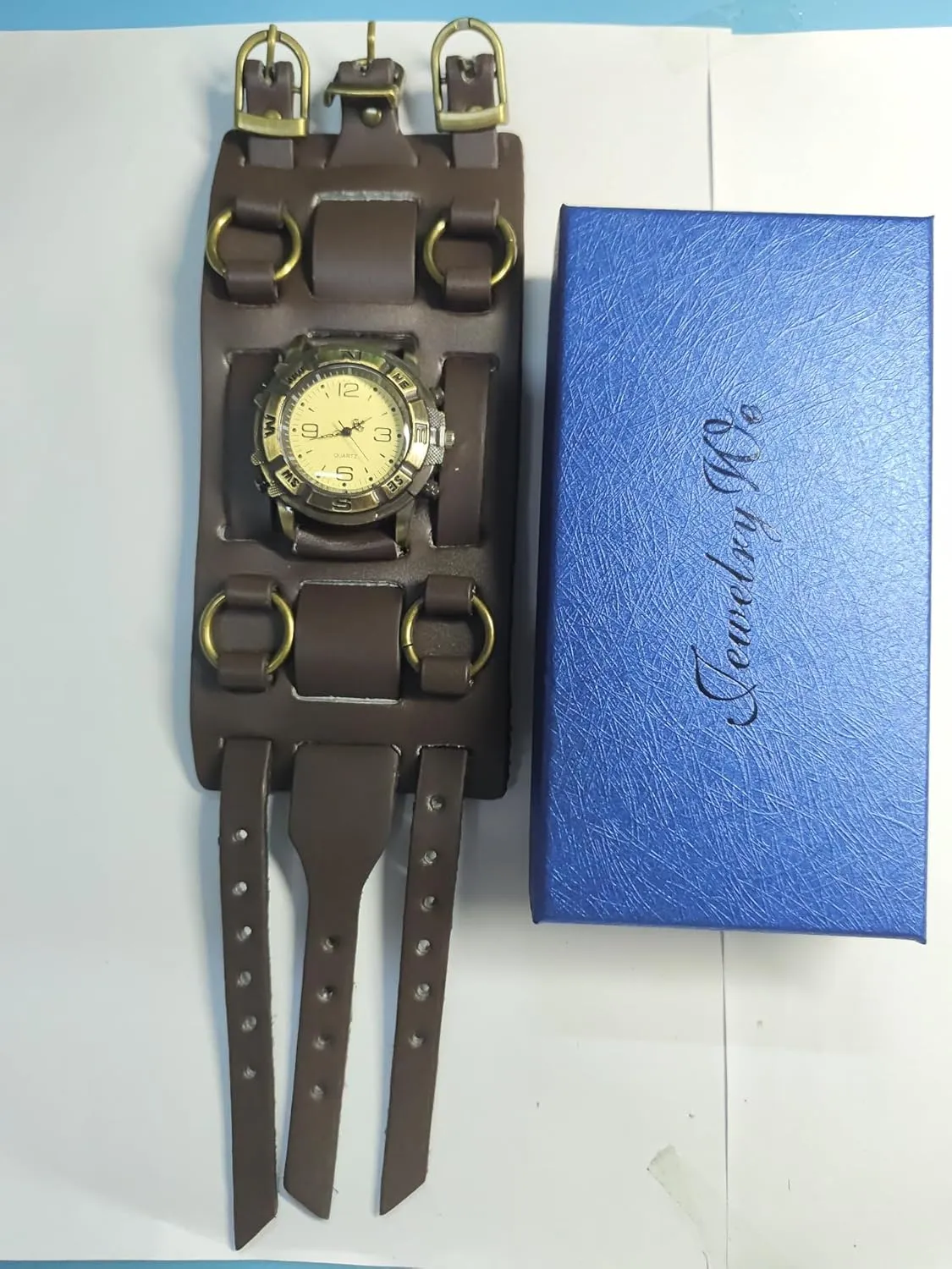 JewelryWe Black Brown Hip-hop Gothic Punk Style Men Watch Wide Leather Fashion Cuff Wristwatch