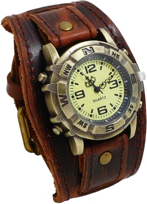 JewelryWe Black Brown Hip-hop Gothic Punk Style Men Watch Wide Leather Fashion Cuff Wristwatch