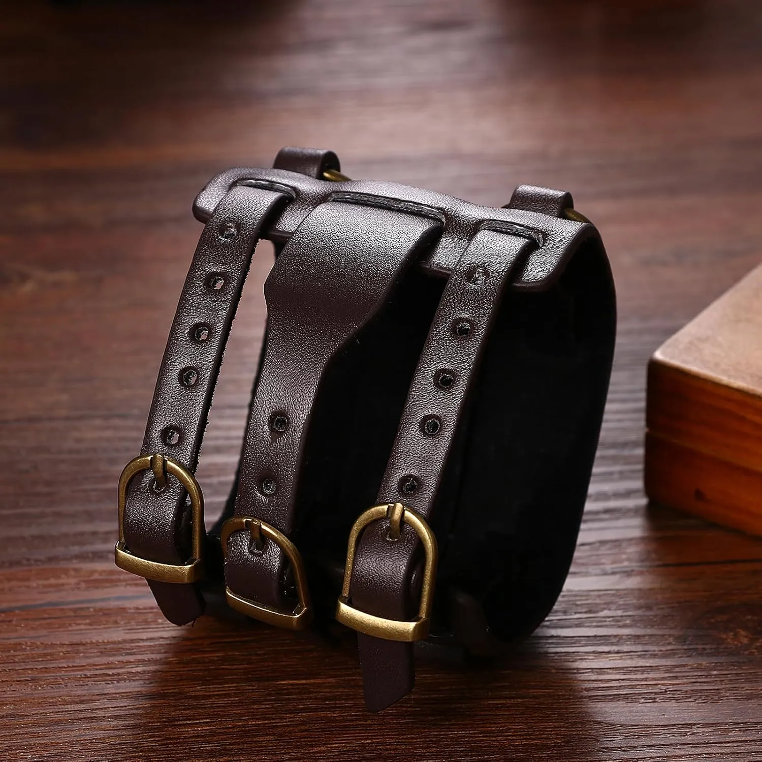 JewelryWe Black Brown Hip-hop Gothic Punk Style Men Watch Wide Leather Fashion Cuff Wristwatch