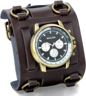 JewelryWe Black Brown Hip-hop Gothic Punk Style Men Watch Wide Leather Fashion Cuff Wristwatch