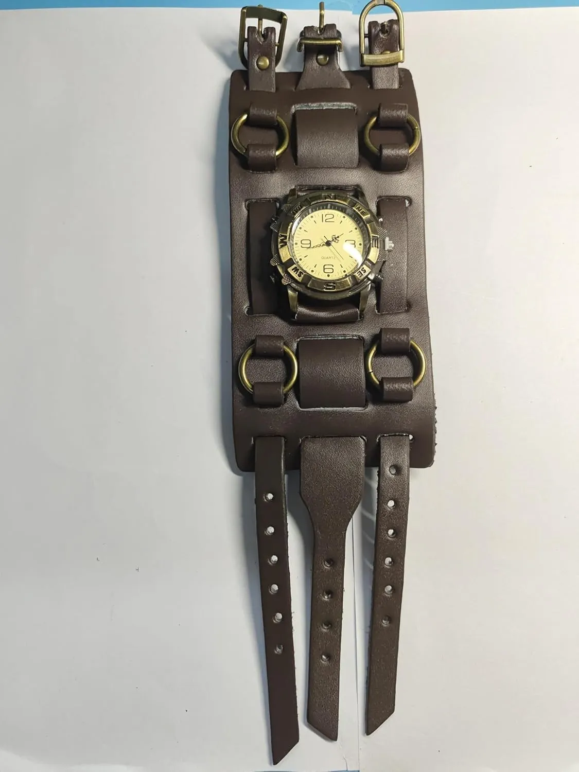 JewelryWe Black Brown Hip-hop Gothic Punk Style Men Watch Wide Leather Fashion Cuff Wristwatch