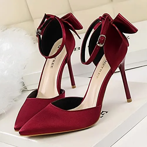 JiangWei Shu Women's High Heel Sandal Satin Bow Knot Pointed Toe Party Shoes