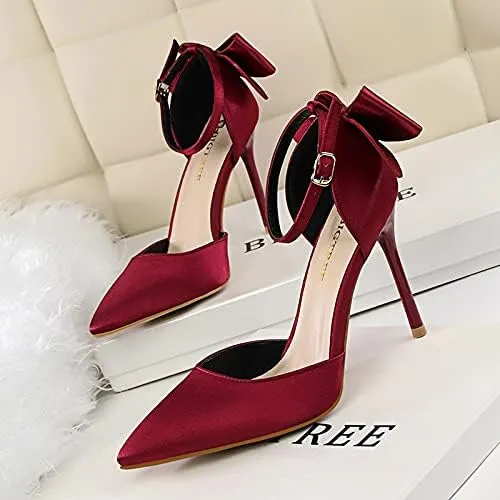 JiangWei Shu Women's High Heel Sandal Satin Bow Knot Pointed Toe Party Shoes