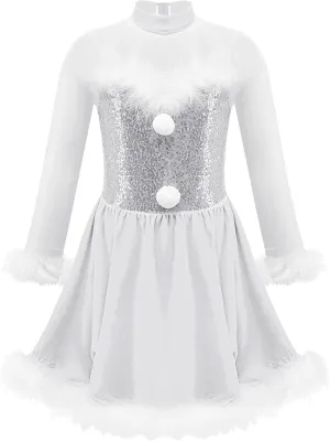 Kids Girls Christmas Santa Claus Costume Sheer Mesh Splice Long Sleeve Figure Ice Skating Dress Xmas Outfits