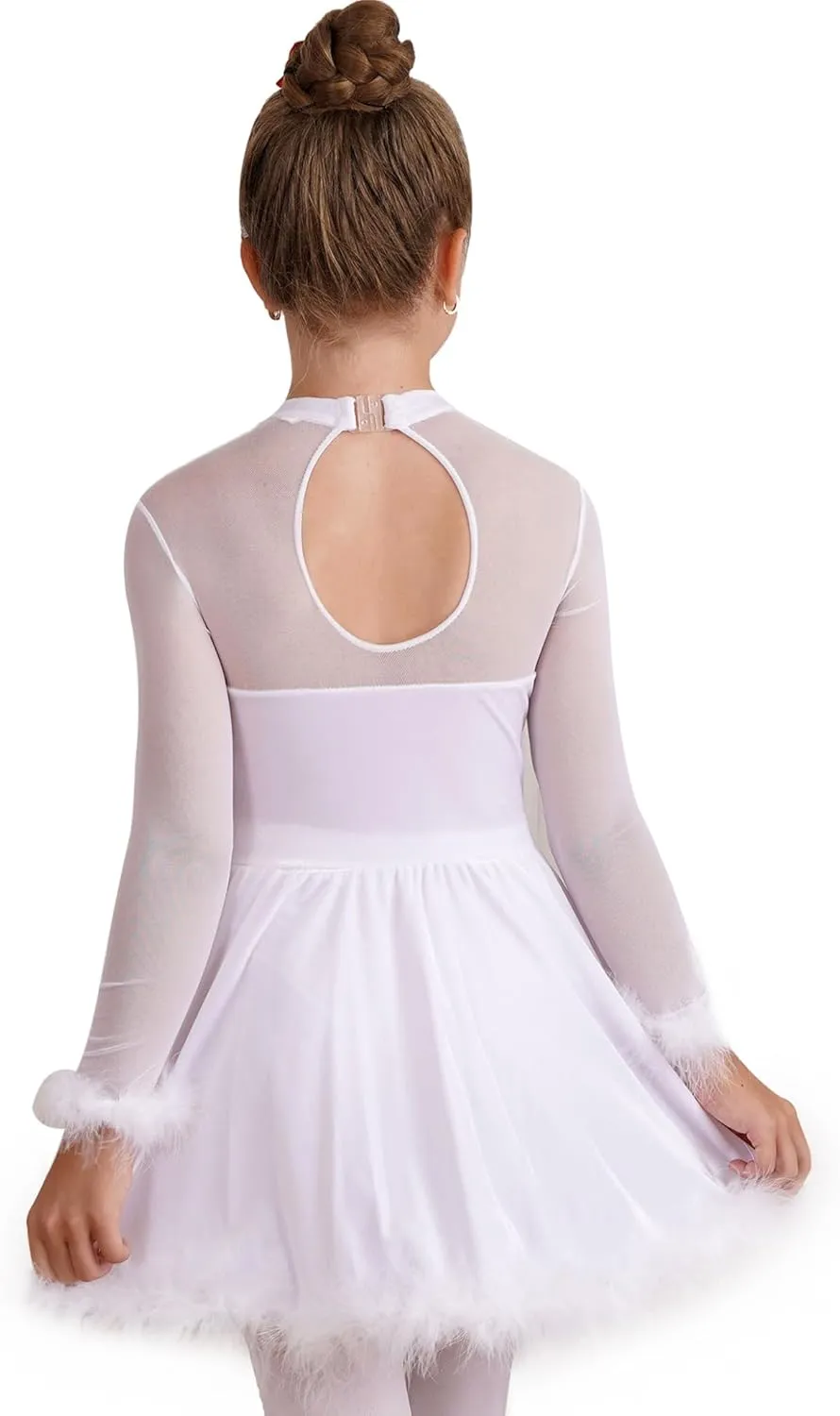 Kids Girls Christmas Santa Claus Costume Sheer Mesh Splice Long Sleeve Figure Ice Skating Dress Xmas Outfits