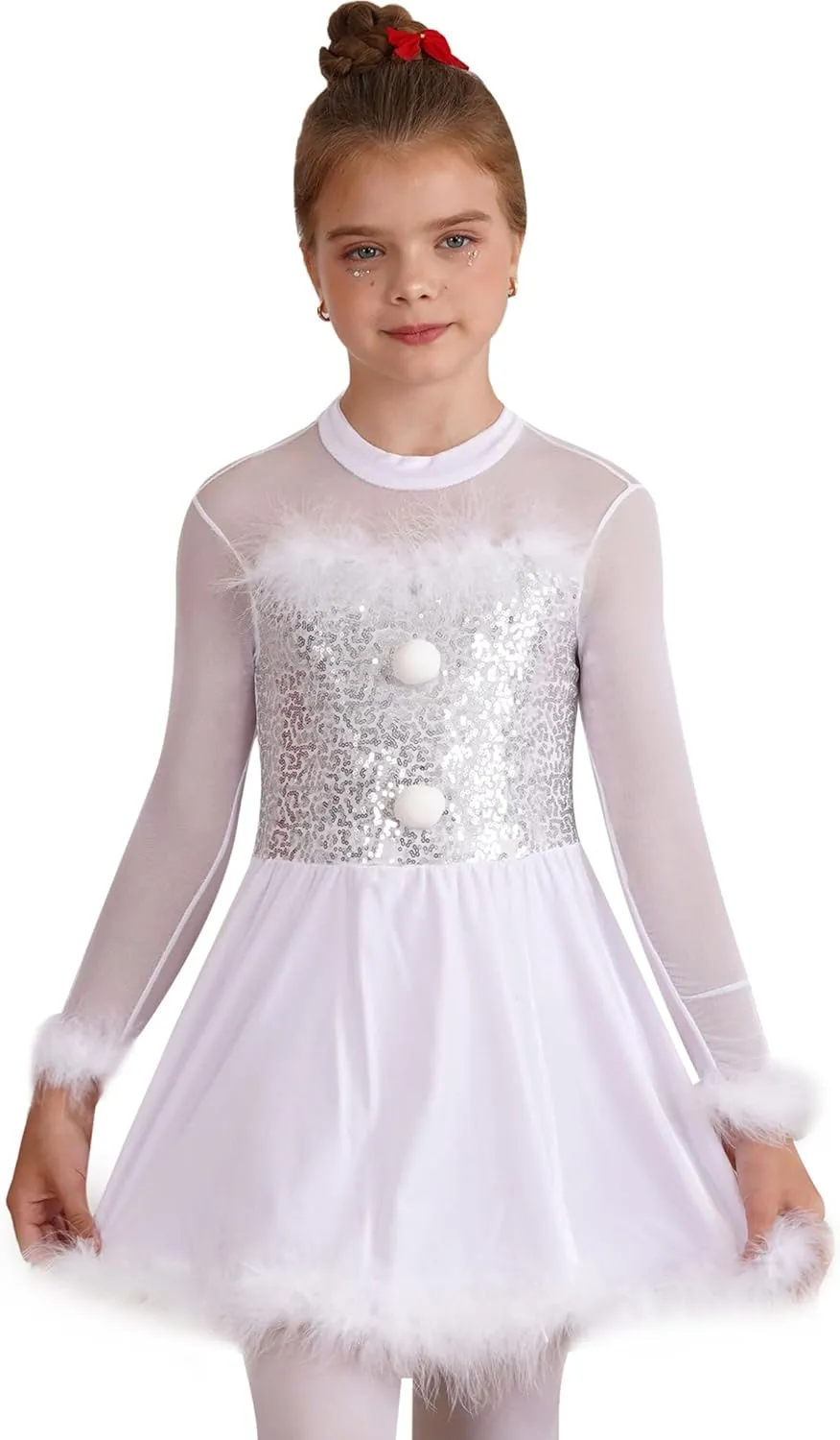 Kids Girls Christmas Santa Claus Costume Sheer Mesh Splice Long Sleeve Figure Ice Skating Dress Xmas Outfits