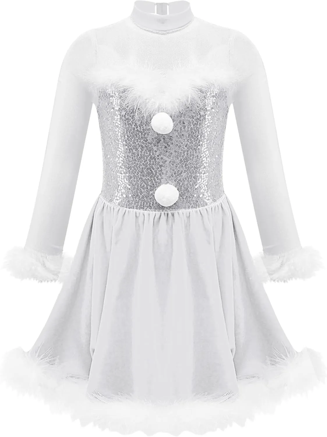 Kids Girls Christmas Santa Claus Costume Sheer Mesh Splice Long Sleeve Figure Ice Skating Dress Xmas Outfits