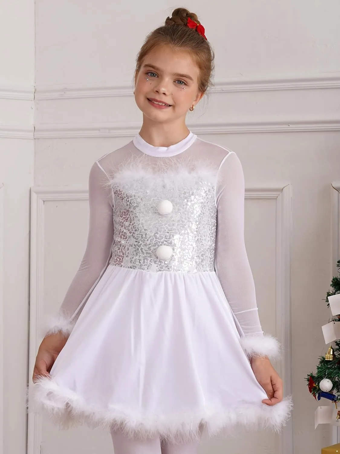 Kids Girls Mesh Splice Long Sleeve Sequin Figure Ice Skating Dress Christmas Santa Claus Dance Tutu Dress