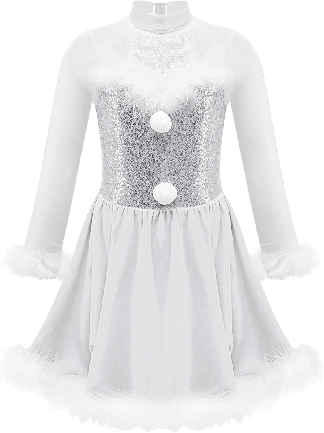 Kids Girls Mesh Splice Long Sleeve Sequin Figure Ice Skating Dress Christmas Santa Claus Dance Tutu Dress