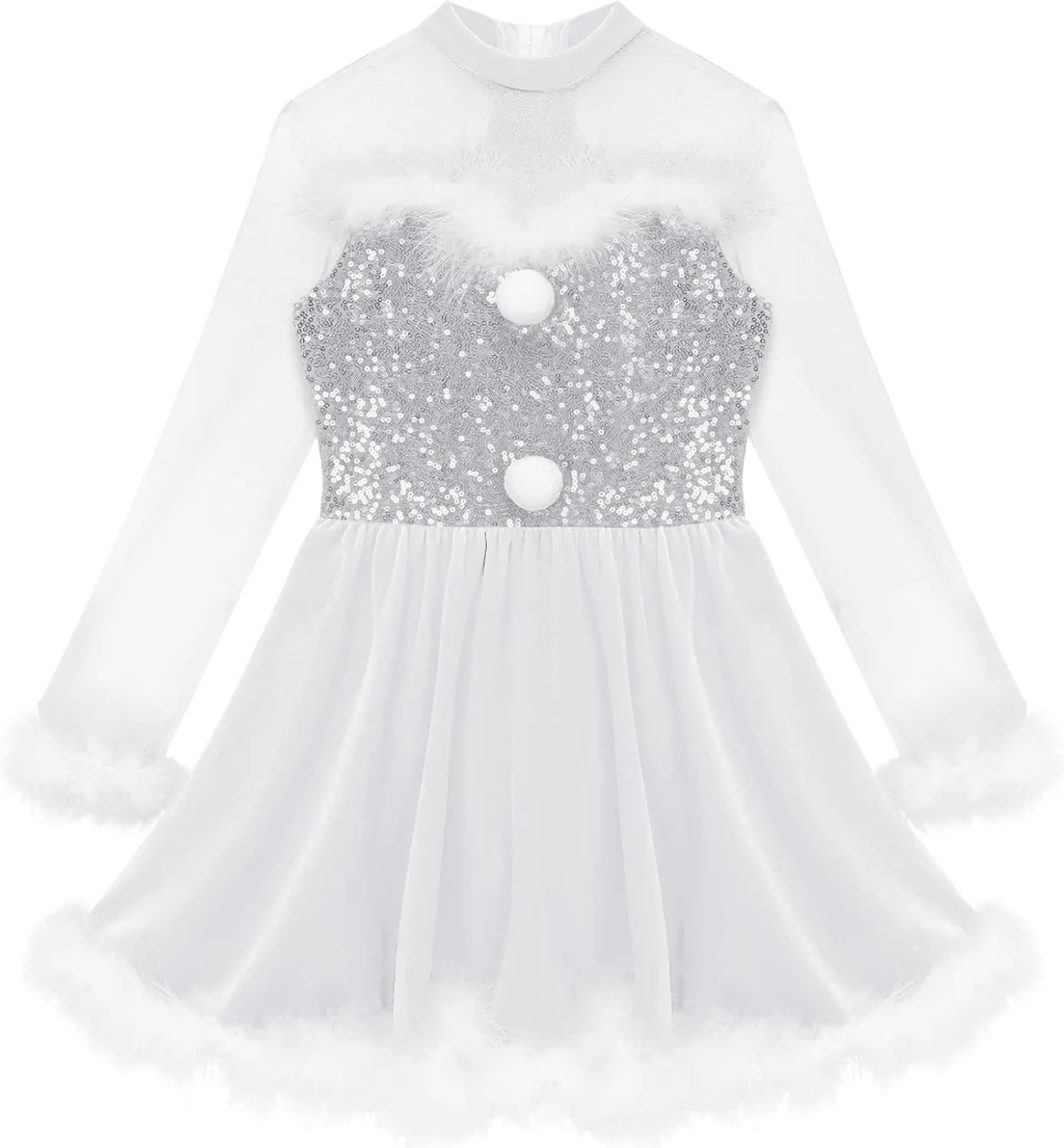 Kids Girls Mesh Splice Long Sleeve Sequin Figure Ice Skating Dress Christmas Santa Claus Dance Tutu Dress