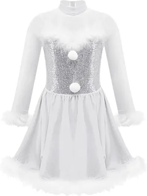 Kids Girls Mesh Splice Long Sleeve Sequin Figure Ice Skating Dress Christmas Santa Claus Dance Tutu Dress