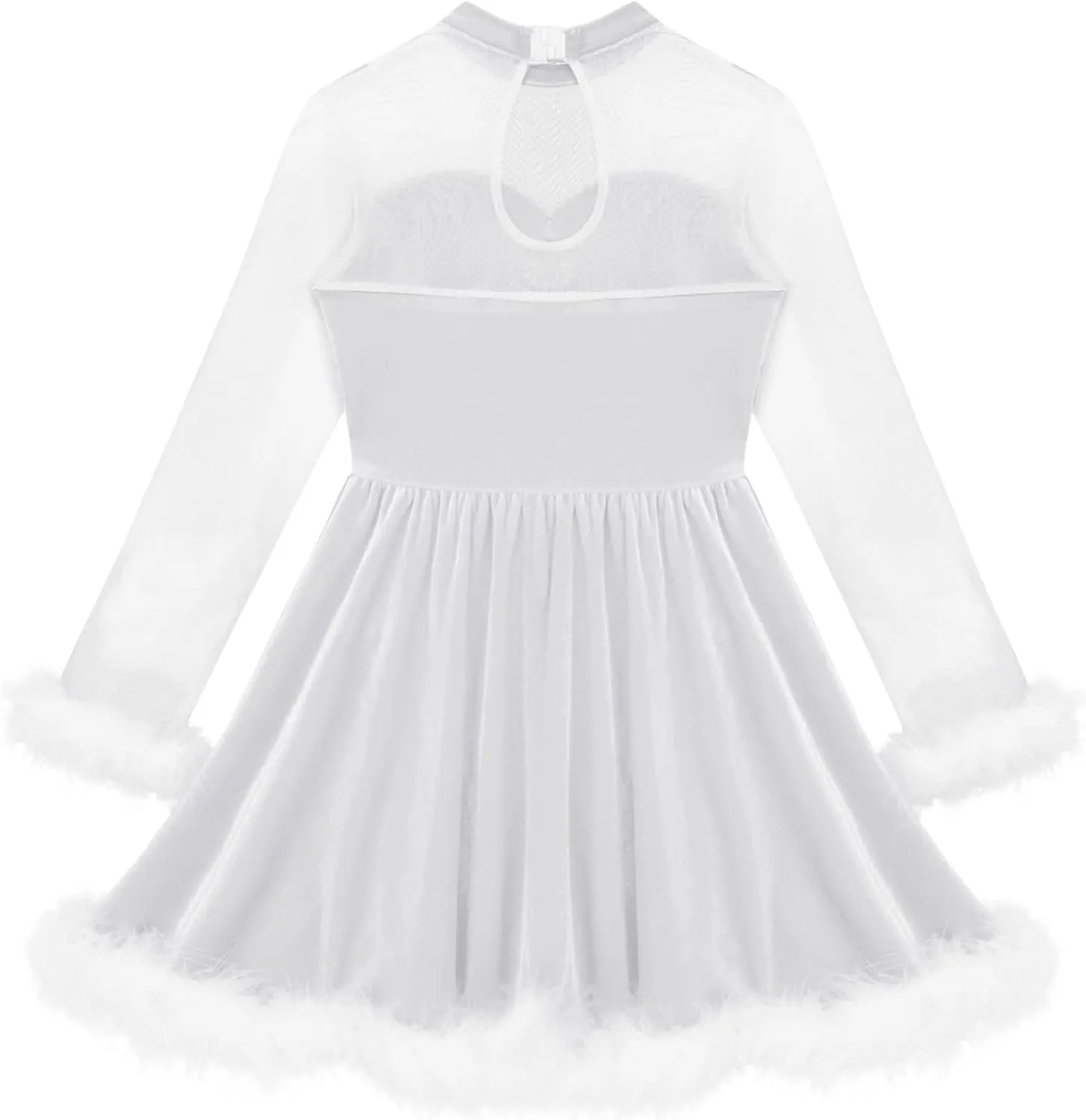 Kids Girls Mesh Splice Long Sleeve Sequin Figure Ice Skating Dress Christmas Santa Claus Dance Tutu Dress