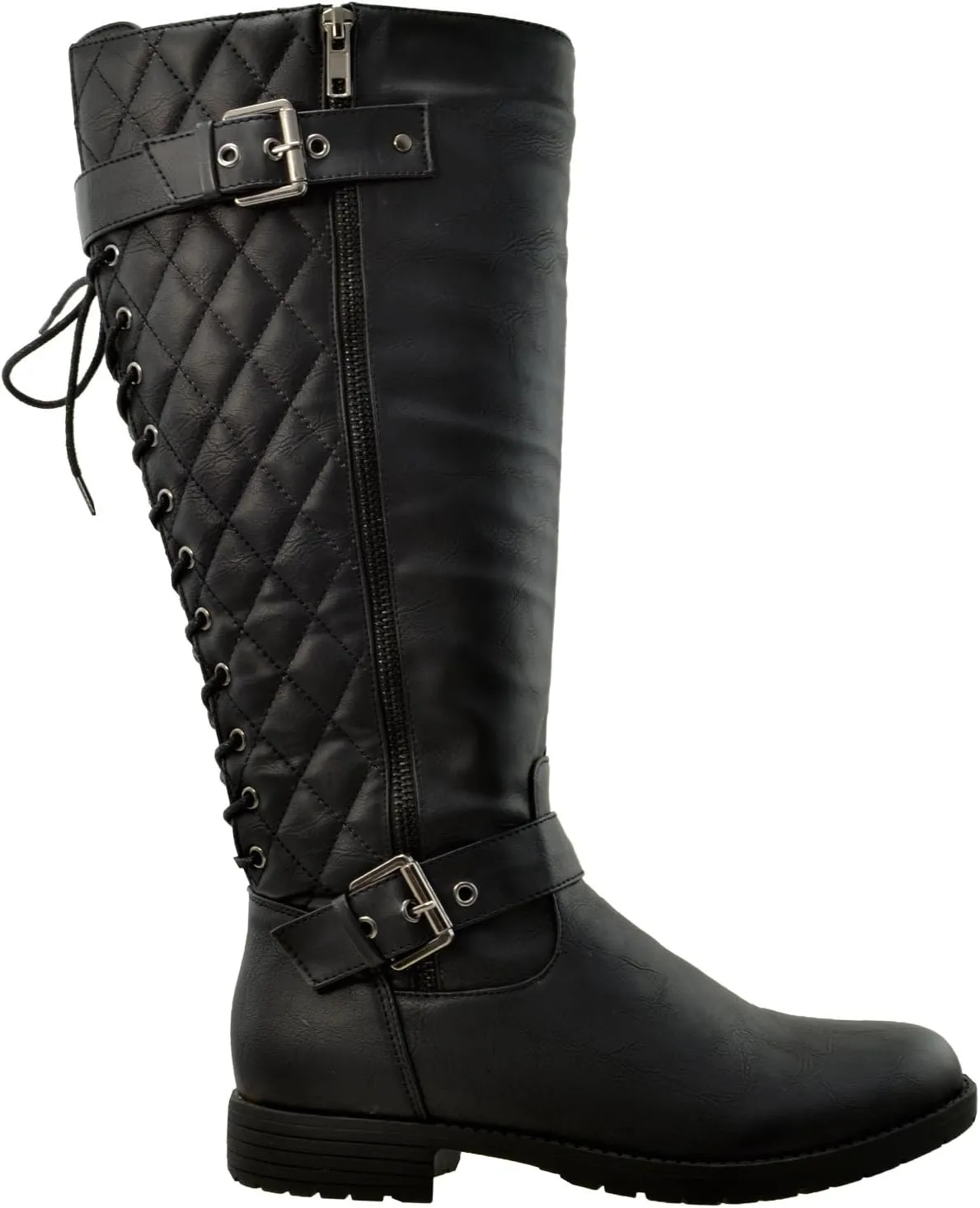 KS & CO Womens Knee High Boots Quilted Back Lace Up Adjustable Strap Shoes