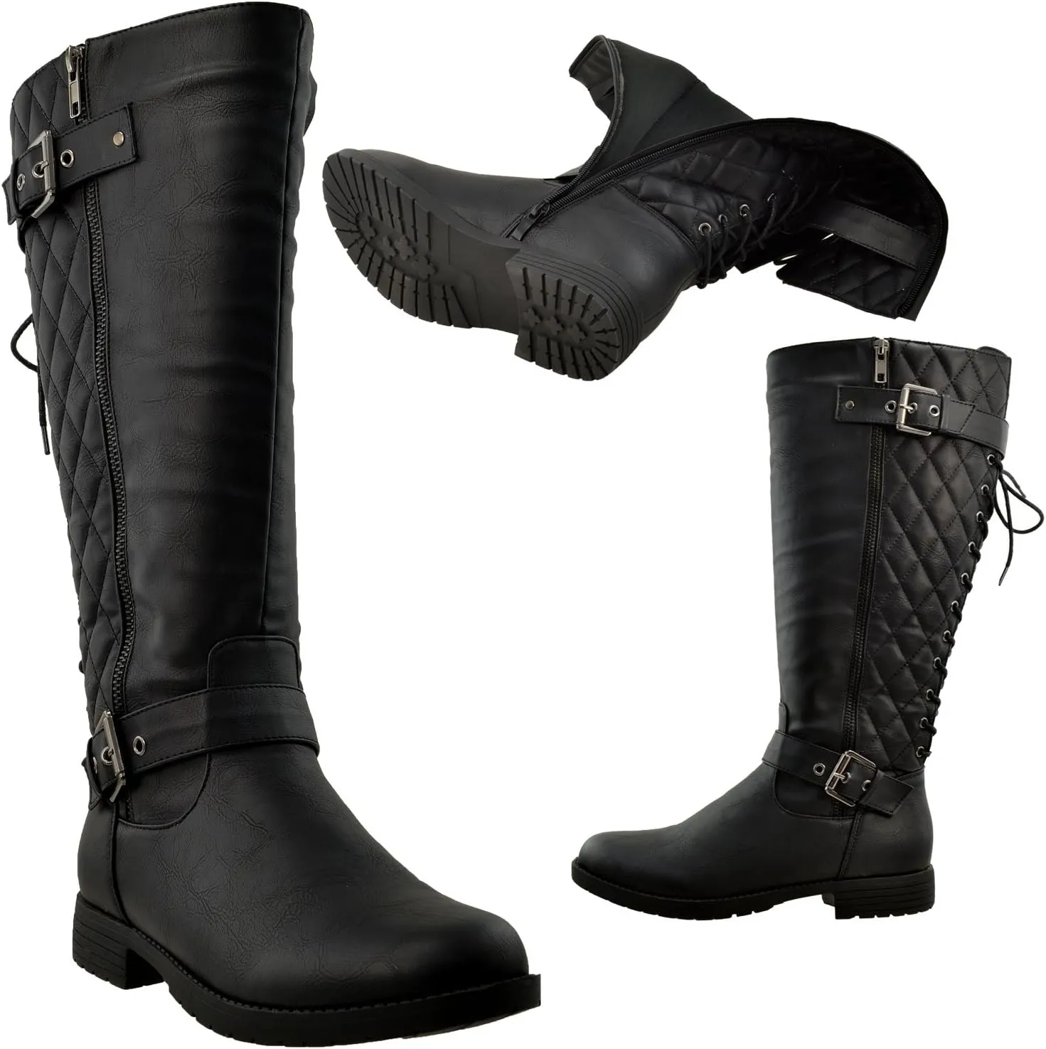 KS & CO Womens Knee High Boots Quilted Back Lace Up Adjustable Strap Shoes