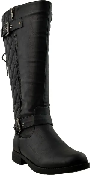 KS & CO Womens Knee High Boots Quilted Back Lace Up Adjustable Strap Shoes