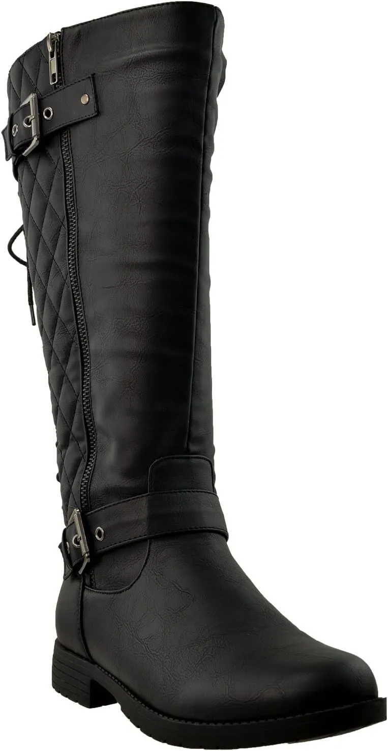 KS & CO Womens Knee High Boots Quilted Back Lace Up Adjustable Strap Shoes