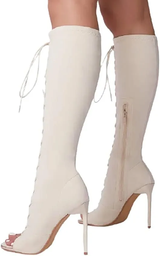 Lace up Stiletto Heel Knee High Boots For Women