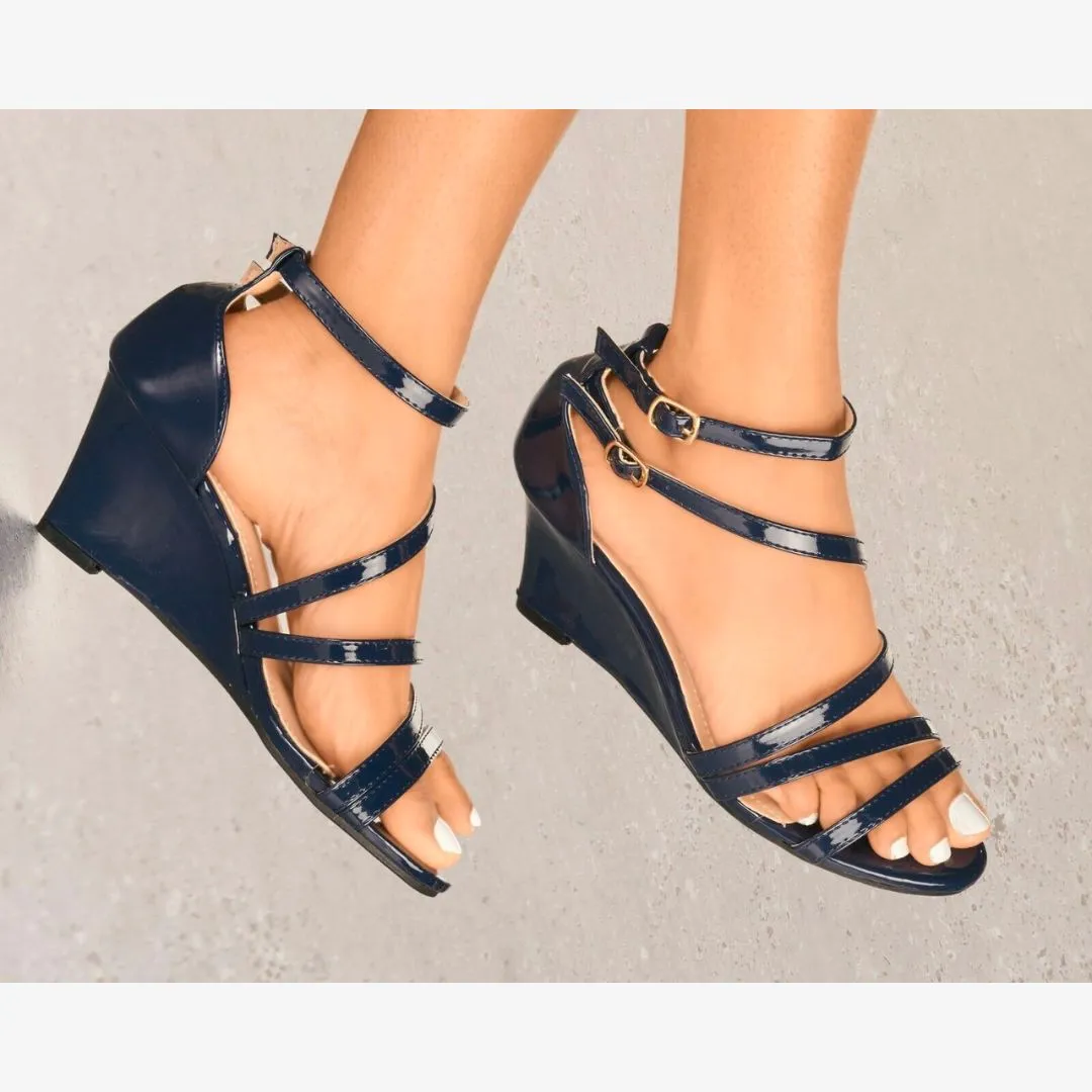 LADIES GLOSSY PATENT LOW MID WEDGE HEEL PEEP TOE STRAPPY SANDALS SHOES SIZES