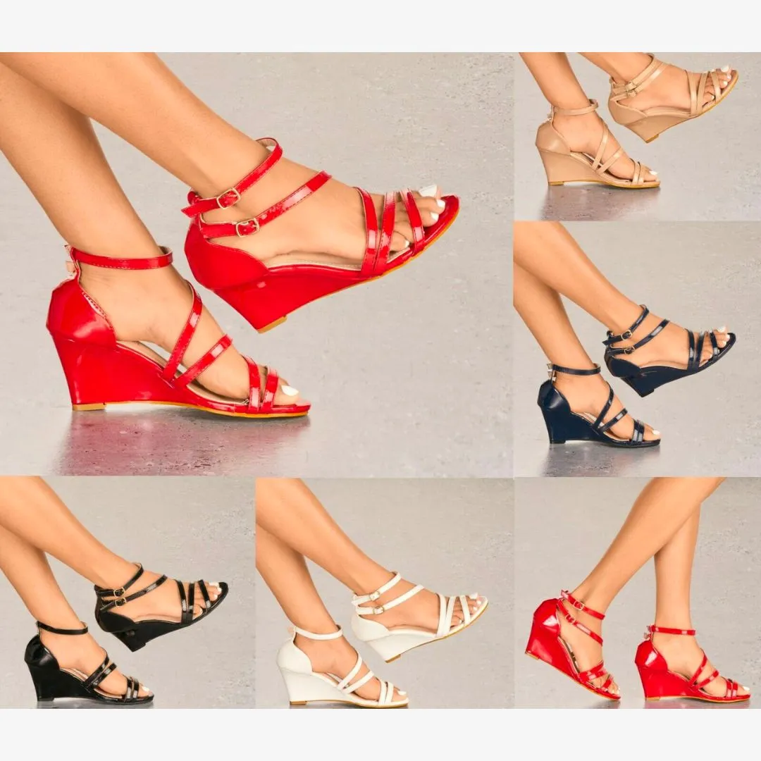 LADIES GLOSSY PATENT LOW MID WEDGE HEEL PEEP TOE STRAPPY SANDALS SHOES SIZES