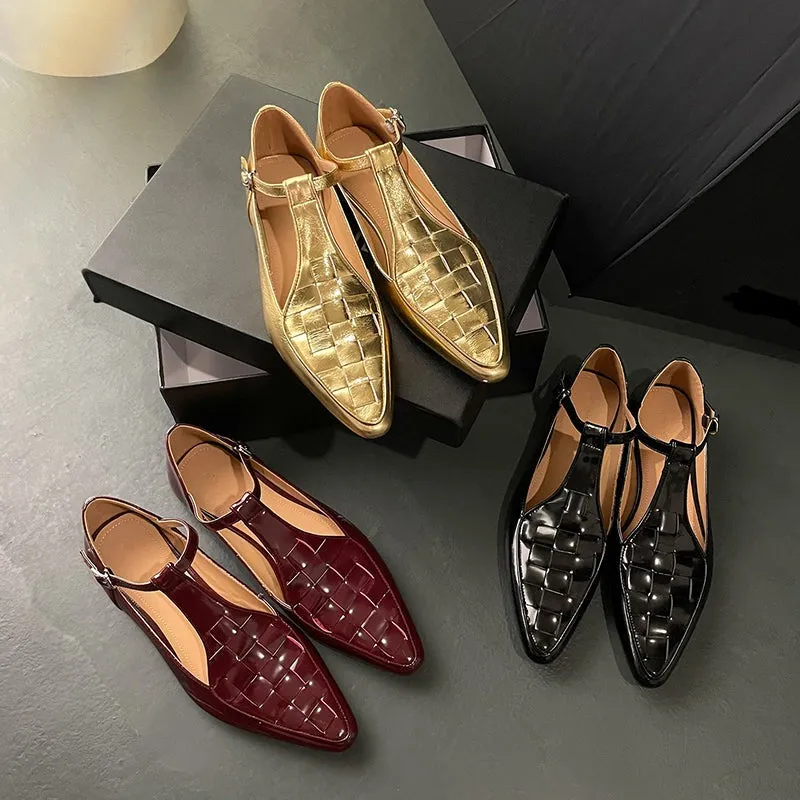 Ladies Pointy Toe T-Strap Mary Jane Flats