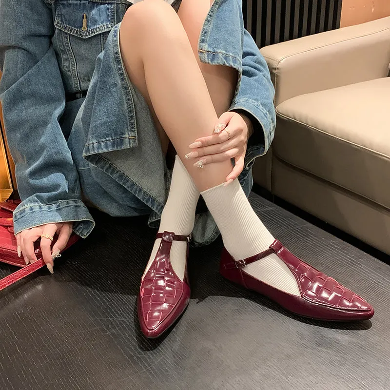 Ladies Pointy Toe T-Strap Mary Jane Flats