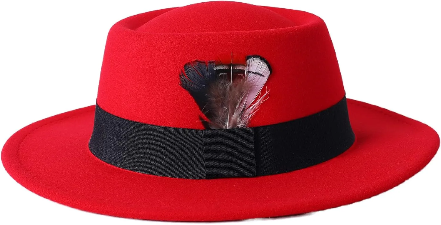 Lanzom Classic Fedora Hats for Women Flat Top Hat for Men Pork Pie Hat Wide Brim Church Boater Trilby Cap