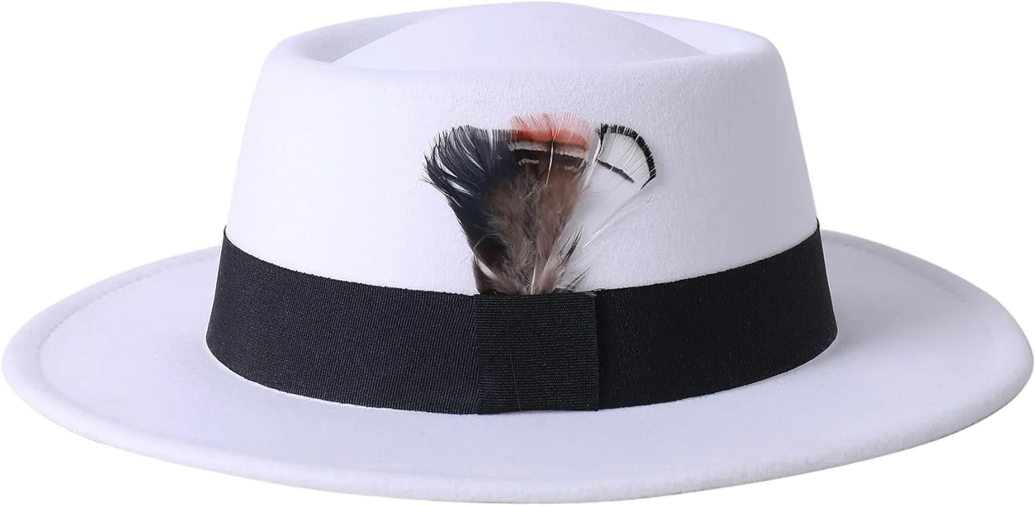 Lanzom Classic Fedora Hats for Women Flat Top Hat for Men Pork Pie Hat Wide Brim Church Boater Trilby Cap