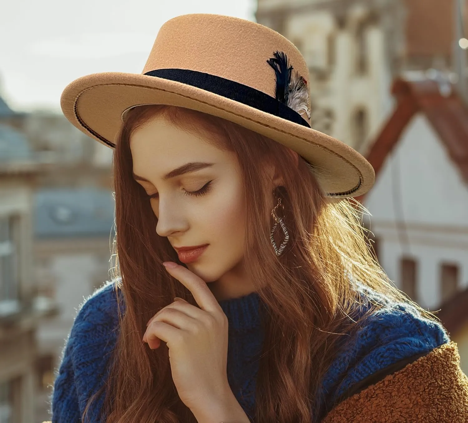 Lanzom Classic Fedora Hats for Women Flat Top Hat for Men Pork Pie Hat Wide Brim Church Boater Trilby Cap