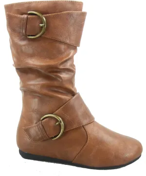 Link Klein-80K Girl's Kid's Cute Faux Leather Two Buckle Zipper Flat Heel Mid Calf Boot Shoes