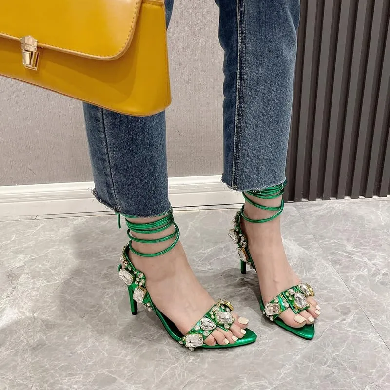 LISHAN Women's Rhinestones Studded Ankle Strappy Pointed Toe High Heels Lace Up Heeled Sandals